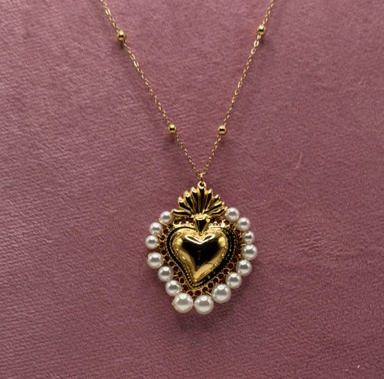 COLLANA CON CUORE SACRO GRANDE E PERLE ORO