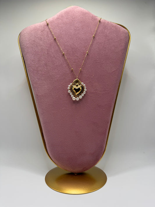 COLLANA CON CUORE SACRO GRANDE E PERLE ORO