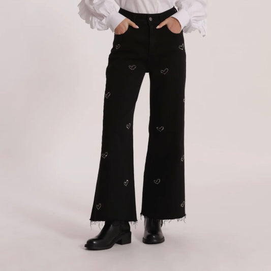 Mimì-Muà JEANS WIDE LEG CROPPED CON CUORI RICAMATI