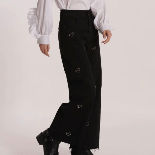 Mimì-Muà JEANS WIDE LEG CROPPED CON CUORI RICAMATI