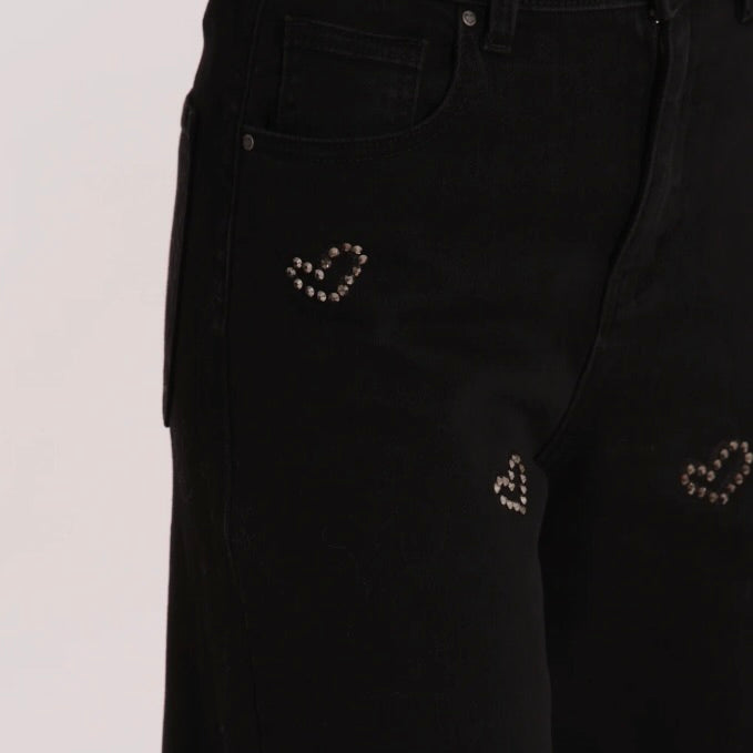 Mimì-Muà JEANS WIDE LEG CROPPED CON CUORI RICAMATI