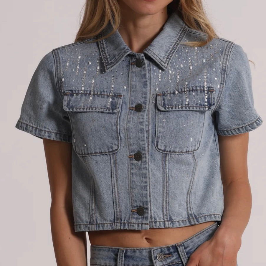 Mimì-Muà GIACCA CROPPED IN DENIM CON PIOGGIA DI STRASS