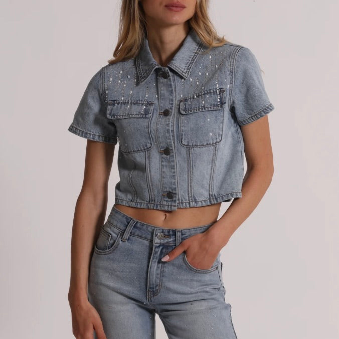 Mimì-Muà GIACCA CROPPED IN DENIM CON PIOGGIA DI STRASS