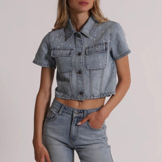 Mimì-Muà GIACCA CROPPED IN DENIM CON PIOGGIA DI STRASS