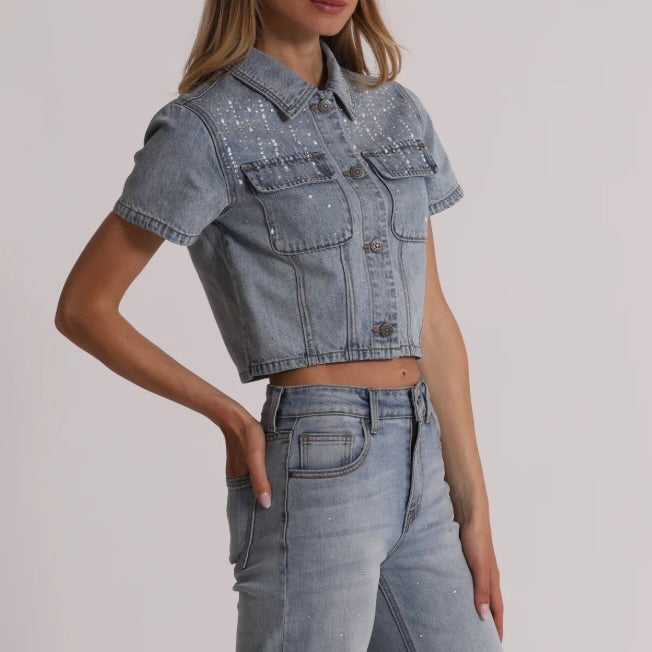 Mimì-Muà GIACCA CROPPED IN DENIM CON PIOGGIA DI STRASS