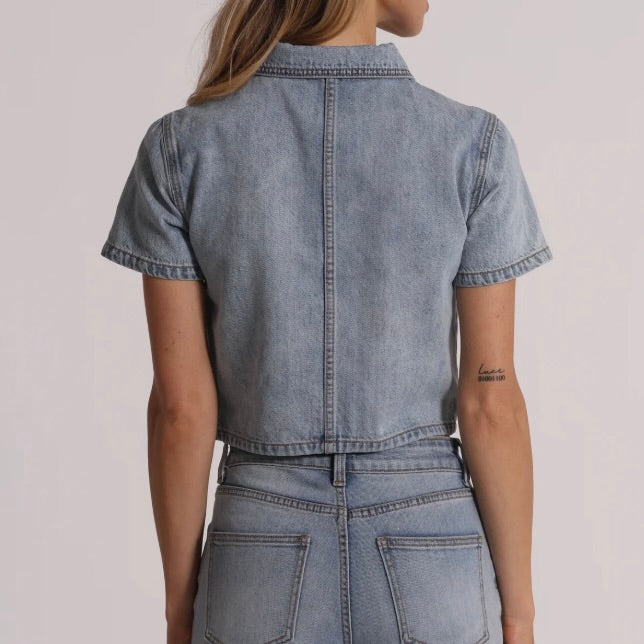 Mimì-Muà GIACCA CROPPED IN DENIM CON PIOGGIA DI STRASS