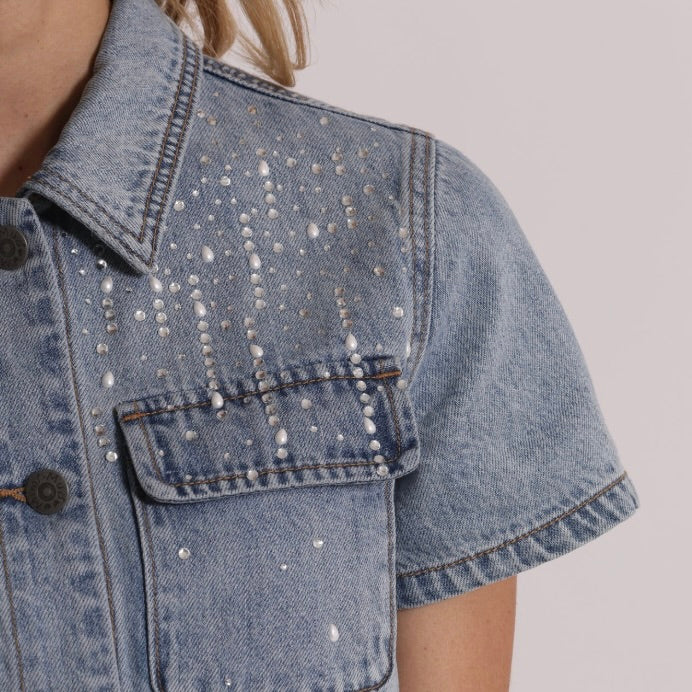 Mimì-Muà GIACCA CROPPED IN DENIM CON PIOGGIA DI STRASS
