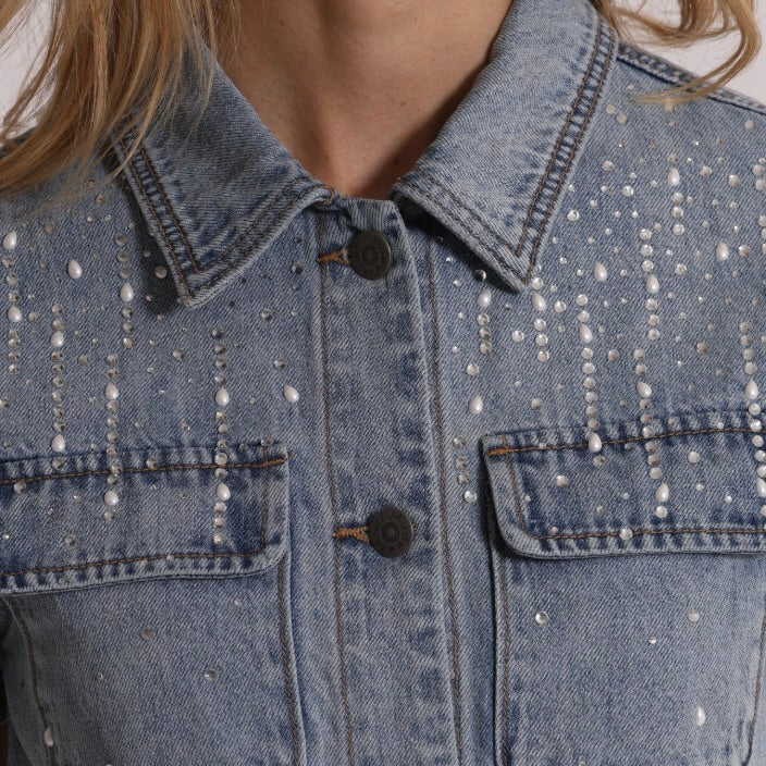 Mimì-Muà GIACCA CROPPED IN DENIM CON PIOGGIA DI STRASS