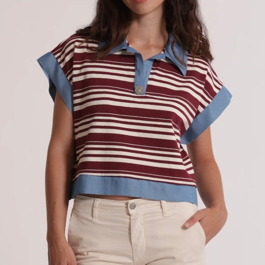 Mimì-Muà T-SHIRT CON COLLETTO A RIGHE E INSERTI IN DENIM