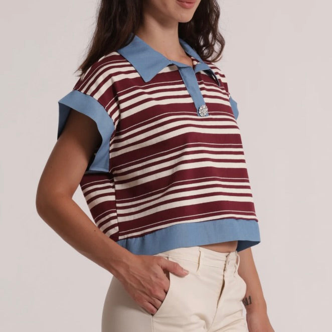 Mimì-Muà T-SHIRT CON COLLETTO A RIGHE E INSERTI IN DENIM