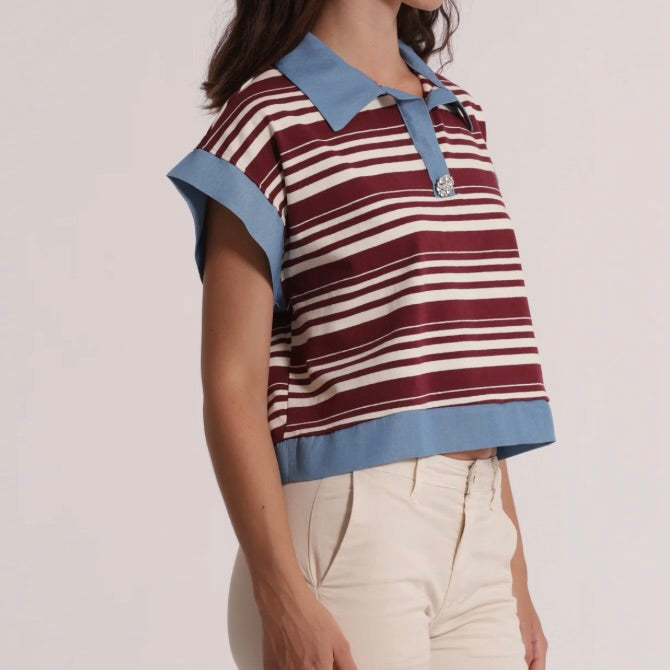 Mimì-Muà T-SHIRT CON COLLETTO A RIGHE E INSERTI IN DENIM