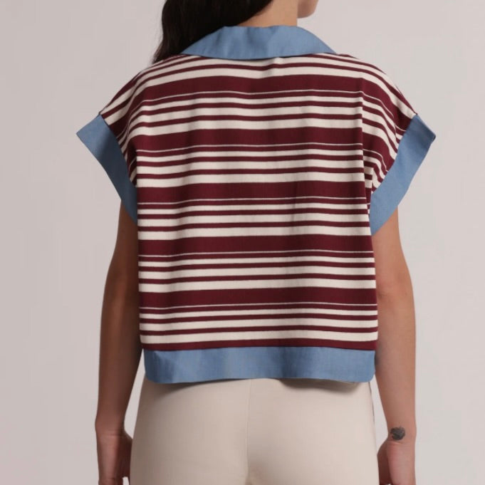 Mimì-Muà T-SHIRT CON COLLETTO A RIGHE E INSERTI IN DENIM