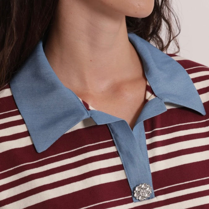 Mimì-Muà T-SHIRT CON COLLETTO A RIGHE E INSERTI IN DENIM