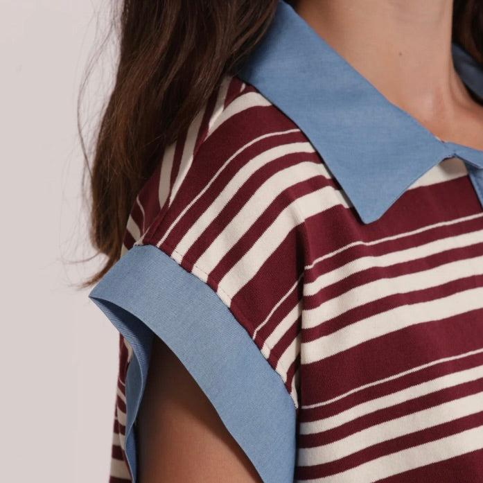 Mimì-Muà T-SHIRT CON COLLETTO A RIGHE E INSERTI IN DENIM