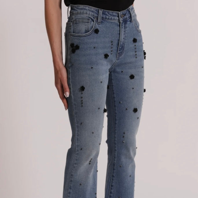 Mimì-Muà JEANS FLARE CON APPLICAZIONI FLOREALI