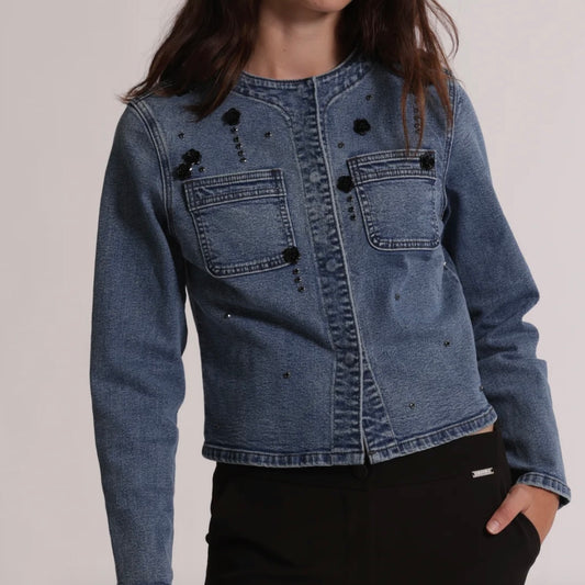 Mimì-Muà GIACCA CROPPED IN DENIM CON APPLICAZIONI FLOREALI