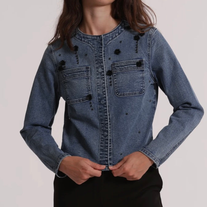 Mimì-Muà GIACCA CROPPED IN DENIM CON APPLICAZIONI FLOREALI