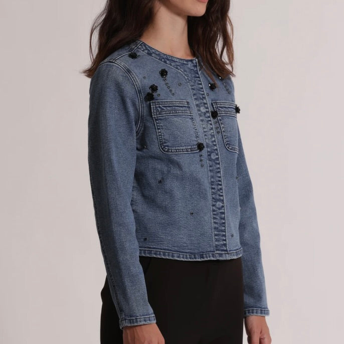 Mimì-Muà GIACCA CROPPED IN DENIM CON APPLICAZIONI FLOREALI