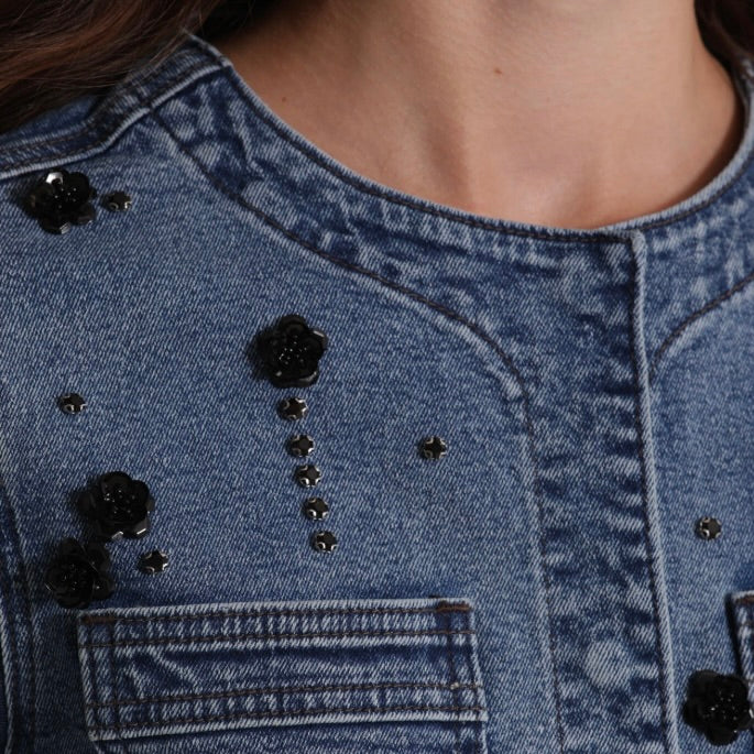 Mimì-Muà GIACCA CROPPED IN DENIM CON APPLICAZIONI FLOREALI